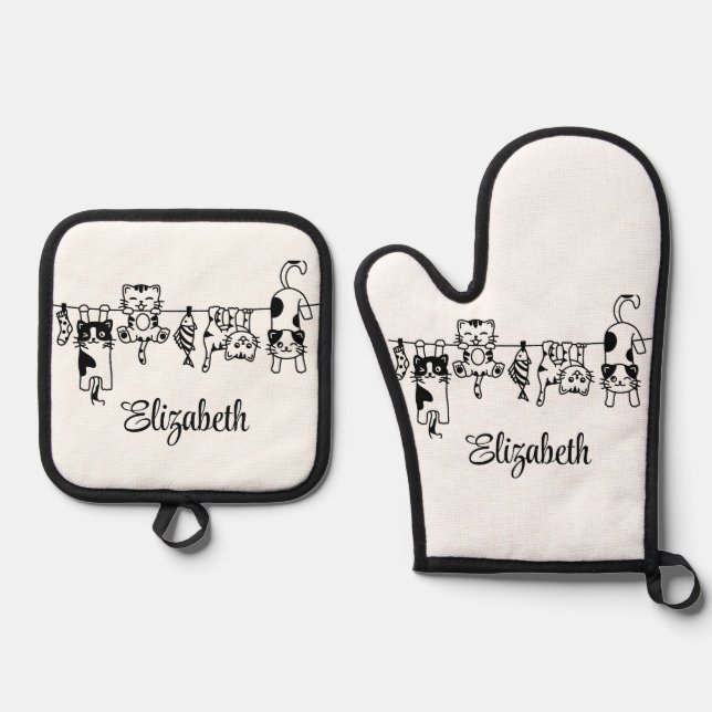 Niedlich Hanging Kittens Individuelle Name Ofenhandschuh & Topflappen-Set (Vorderseite)