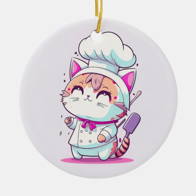 Niedlich Happy Baker Konditorei Koch Cat Kitten | Keramik Ornament (Vorne)