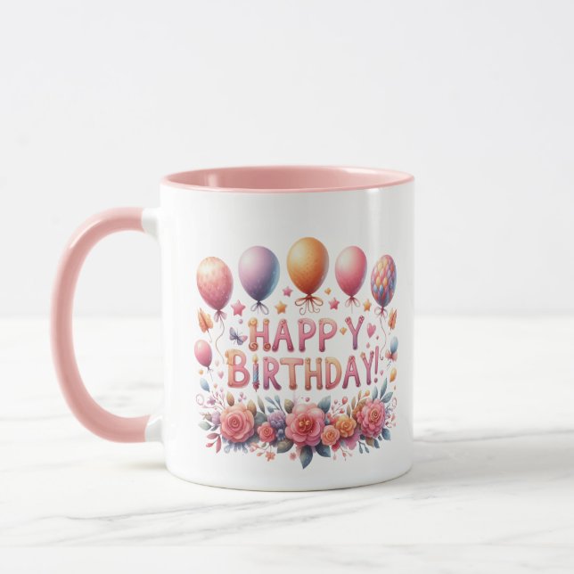 Niedlich Happy Birthday Ballons Blume fügen Monogr Tasse (Links)