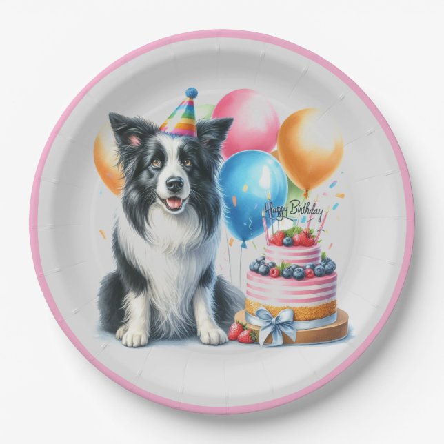 Niedlich Happy Birthday Border Collie Party Pappteller (Vorderseite)