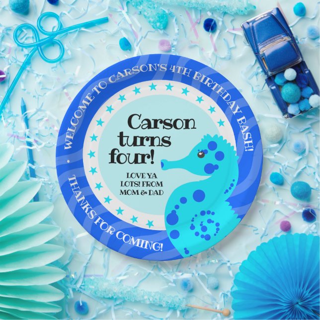 Niedlich Happy Birthday Boy Blue Seepferd on Waves Pappteller (Party)