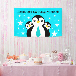 Niedlich Happy Birthday Boy Penguins Blue Neckties Banner