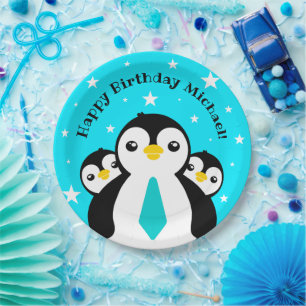 Niedlich Happy Birthday Boy Penguins Blue Neckties Pappteller