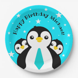 Niedlich Happy Birthday Boy Penguins Blue Neckties Pappteller