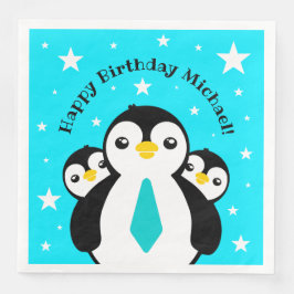 Niedlich Happy Birthday Boy Penguins Blue Neckties Serviette