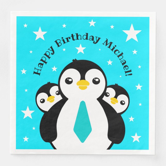 Niedlich Happy Birthday Boy Penguins Blue Neckties Serviette (Vorderseite)