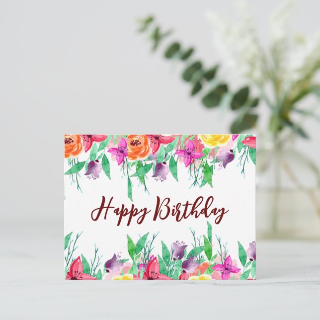 Niedlich Happy Birthday Card Blumendesign Burgund Postkarte (Stehend Vorderseite)