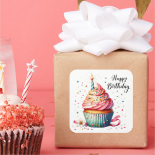 Niedlich Happy Birthday Cupcake Quadratischer Aufkleber