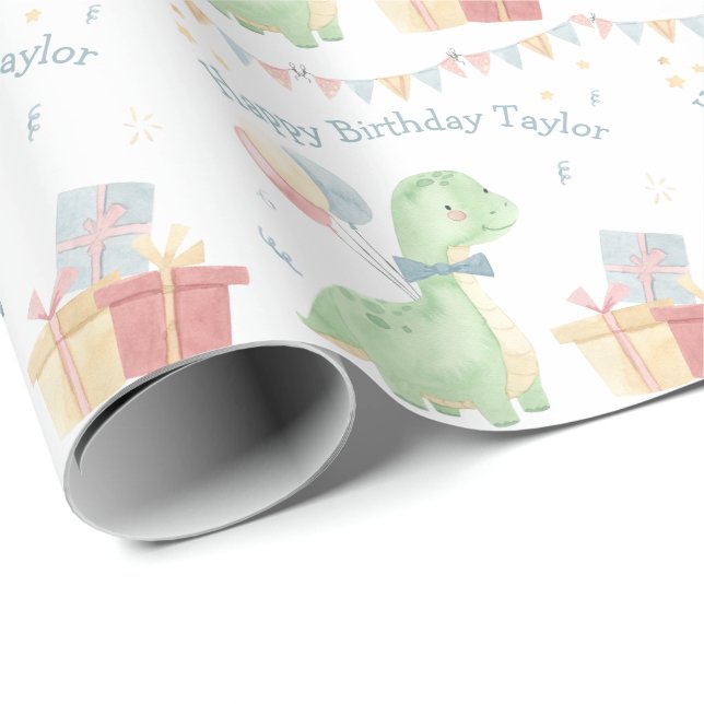 Niedlich Happy Birthday Dinosaur Party Geschenkpapier (Rolleneckpunkt)