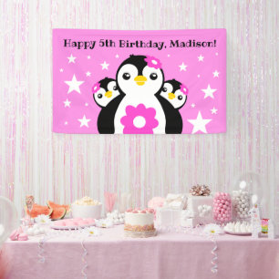 Niedlich Happy Birthday Girl Pinguins Pink Blume Banner