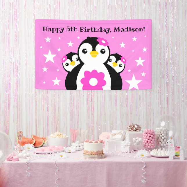 Niedlich Happy Birthday Girl Pinguins Pink Blume Banner (Party)