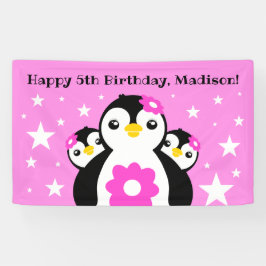 Niedlich Happy Birthday Girl Pinguins Pink Blume Banner