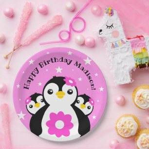 Niedlich Happy Birthday Girl Pinguins Pink Blume Pappteller