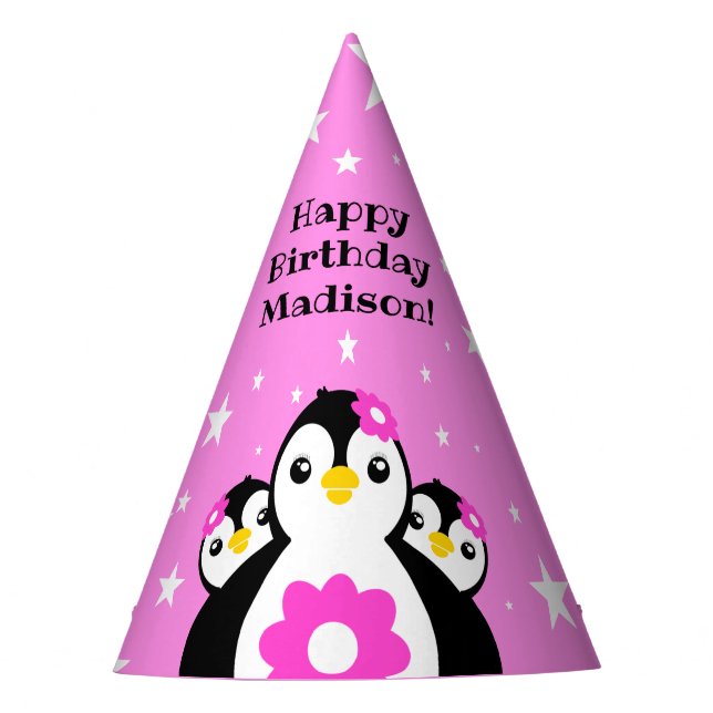 Niedlich Happy Birthday Girl Pinguins Pink Blume Partyhütchen (Vorderseite)
