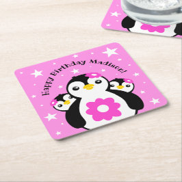 Niedlich Happy Birthday Girl Pinguins Pink Blume Rechteckiger Pappuntersetzer