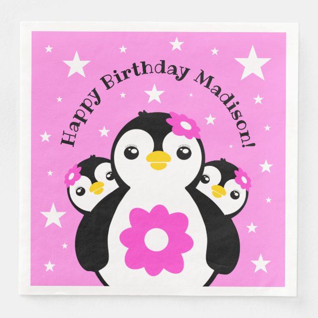 Niedlich Happy Birthday Girl Pinguins Pink Blume Serviette (Vorderseite)