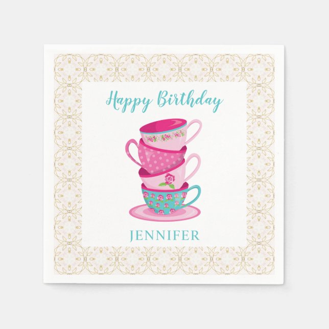 Niedlich Happy Birthday Tea Party Pink Whimsical c Serviette (Vorderseite)