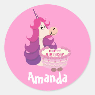 Niedlich Happy Birthday Unicorn Rosa Lila einfach Runder Aufkleber