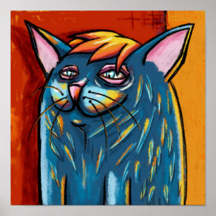 Niedlich Happy Blue Cat Digital Oil Pastel Poster