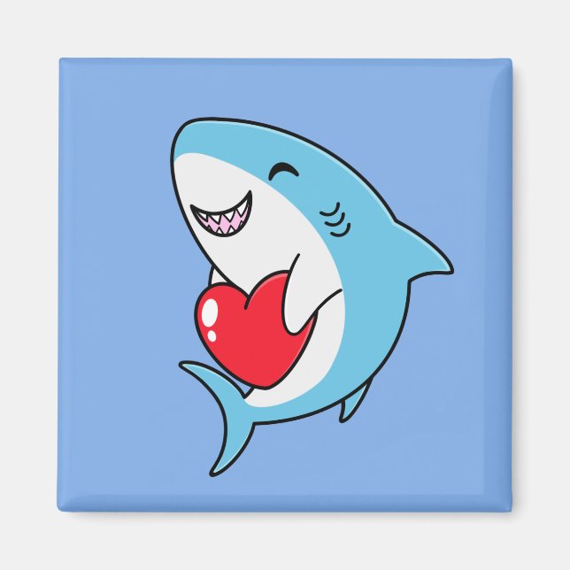 Niedlich Happy Blue Shark Holding a Red Heart Magnet (Vorne)