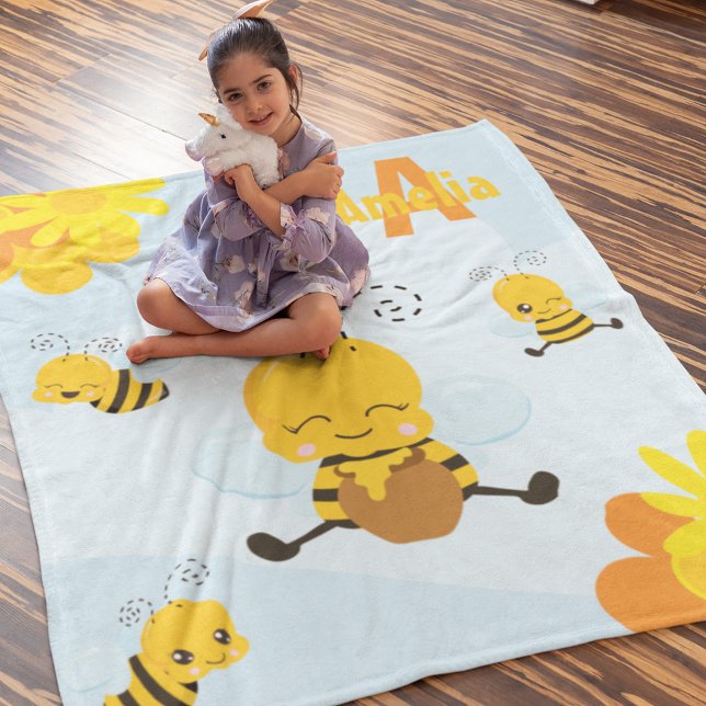 Niedlich Happy Bumble Bee mit Blume Kleines Kind Fleecedecke (Von Creator hochgeladen)