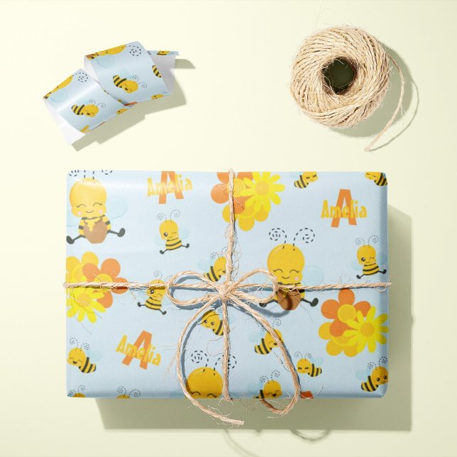 Niedlich Happy Bumble Bee mit Blume Kleines Kind Geschenkpapier (Von Creator hochgeladen)