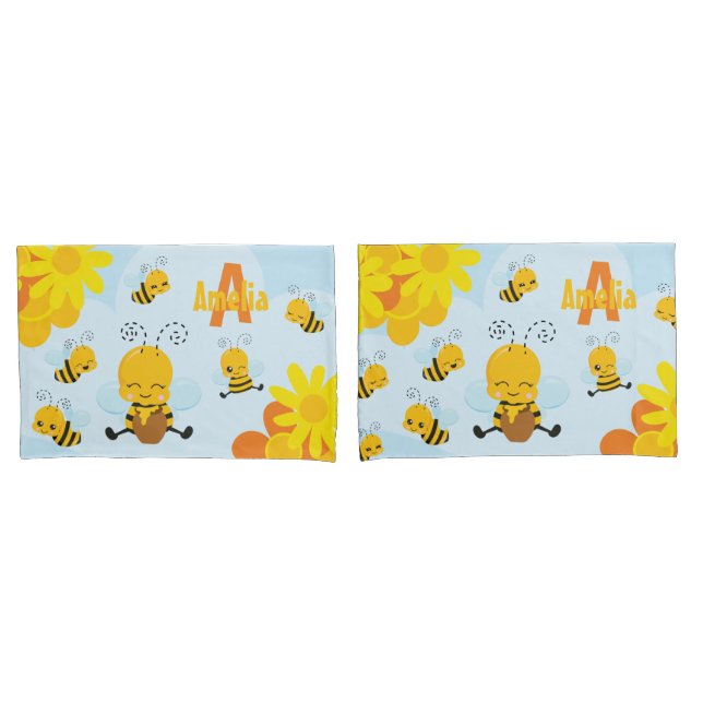 Niedlich Happy Bumble Bee mit Blume Kleines Kind Kissenbezug (Vorderseite-Set)