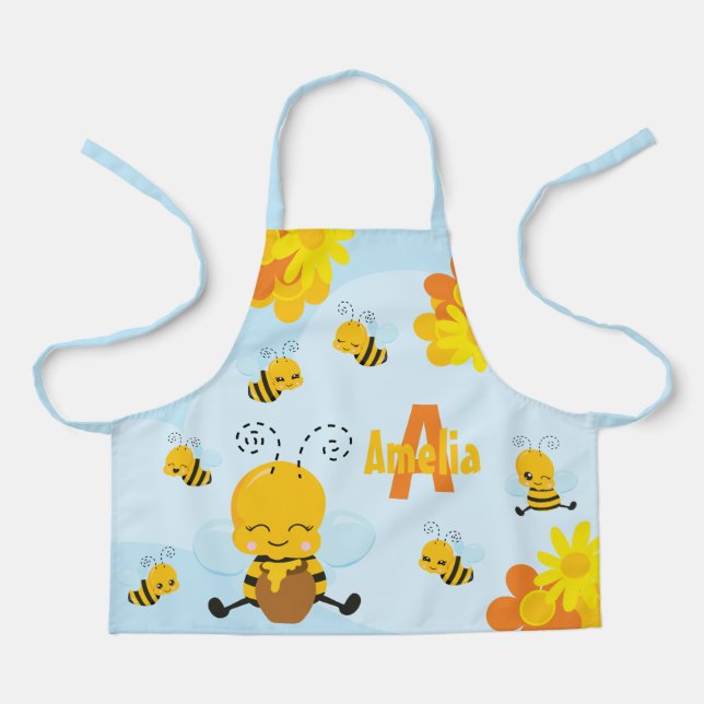 Niedlich Happy Bumble Bee mit Blume Kleines Kind Schürze (Vorderseite)