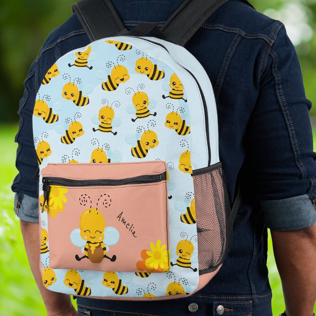 Niedlich Happy Bumble Bee mit Blume Little Kid v2 Bedruckter Rucksack (Von Creator hochgeladen)