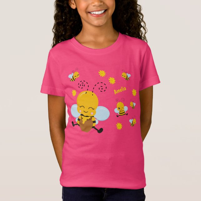 Niedlich Happy Bumble Bee mit Blume Rosa T-Shirt (Vorderseite)