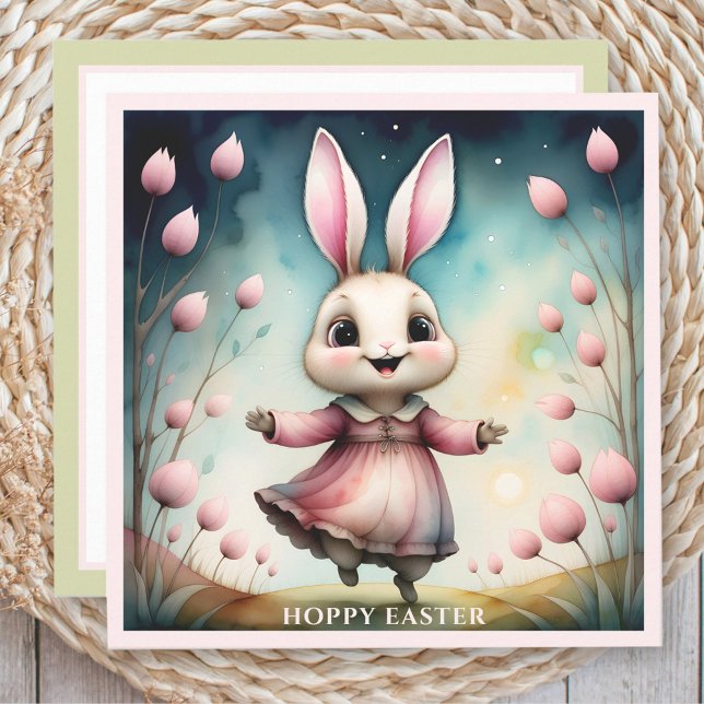 Niedlich Happy Bunny Girl Watercolor Osterkarte Karte (Cute Happy Bunny Girl Watercolor Easter Card)