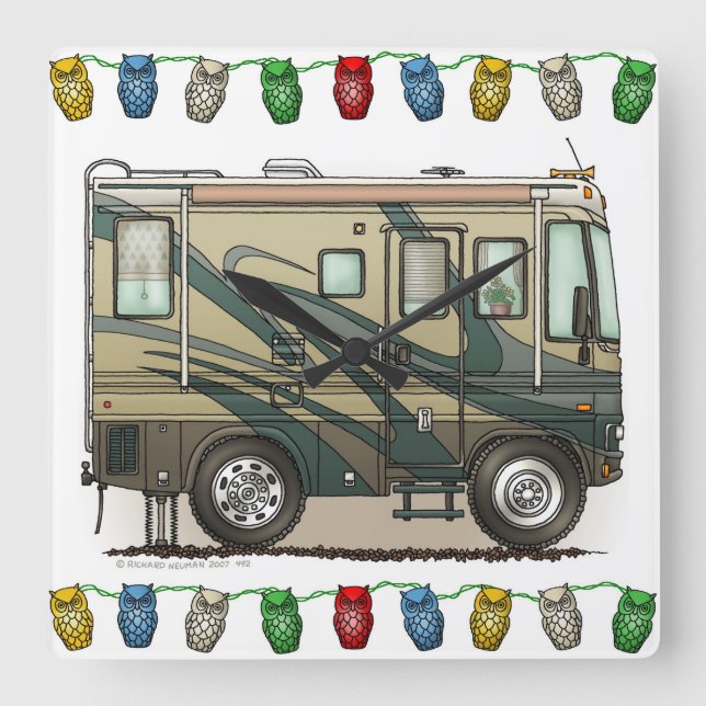 Niedlich Happy Camper Big RV Coach Motorhome Quadratische Wanduhr (Vorderseite)