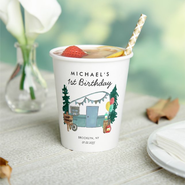 Niedlich Happy Camper Van Trees Camping 1. Geburts Pappbecher (In Situ)