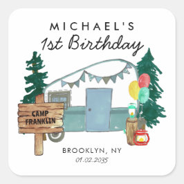 Niedlich Happy Camper Van Trees Camping Kindergebu Quadratischer Aufkleber