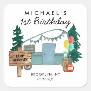 Niedlich Happy Camper Van Trees Camping Kindergebu Quadratischer Aufkleber
