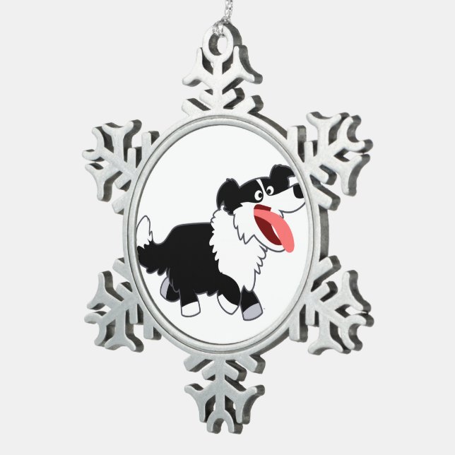 Niedlich Happy Cartoon Border Collie Pewter Orname Schneeflocken Zinn-Ornament (Rechts)
