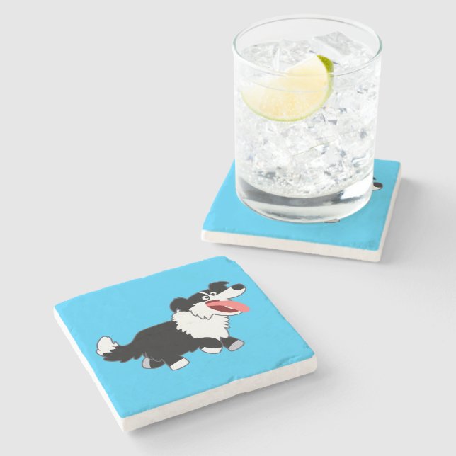 Niedlich Happy Cartoon Border Collie Stone Unterse Steinuntersetzer (Seitenansicht)