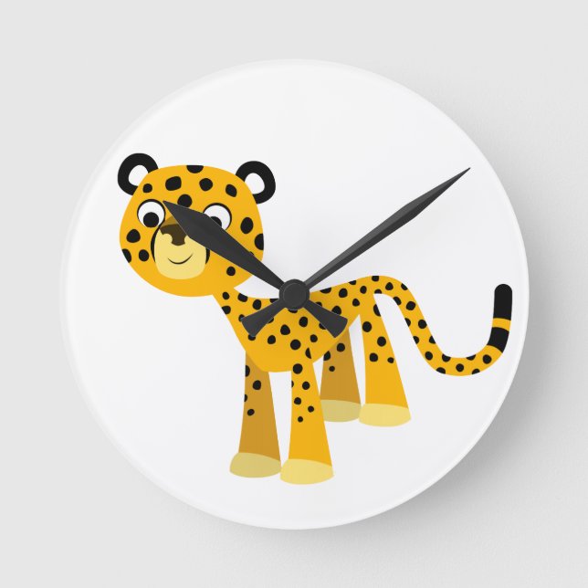 Niedlich Happy Cartoon Cheetah Wall Clock Runde Wanduhr (Vorderseite)
