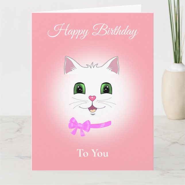 Niedlich Happy Cat Face Geburtstag auf Light Coral Karte (Vorderseite)