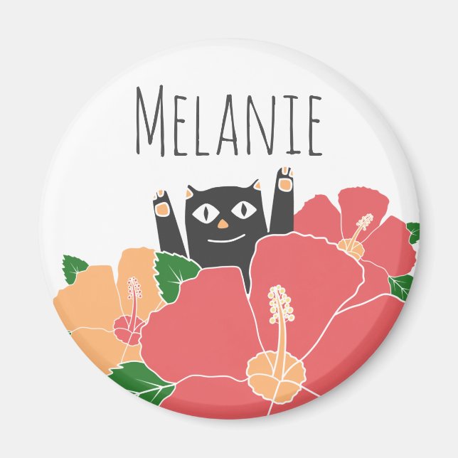 Niedlich Happy Cat Spring Blumen Personalisiert Magnet (Vorne)