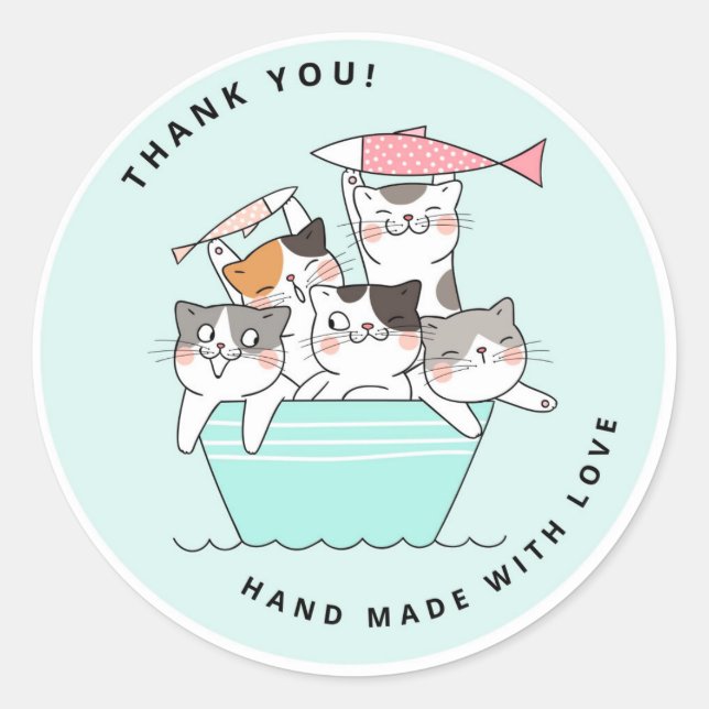 Niedlich Happy Cats Handmade mit Liebe Danke, best Runder Aufkleber (Vorderseite)