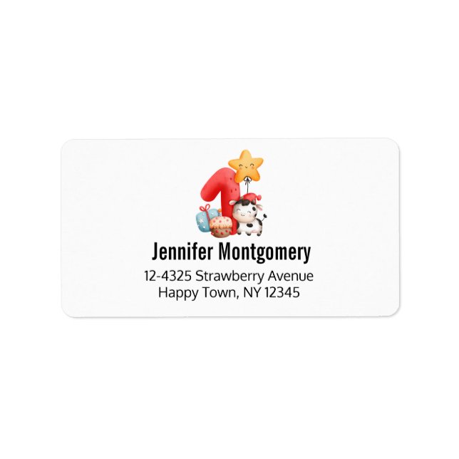 Niedlich Happy Cow 1. Geburtstag Adressaufkleber (Vorne)