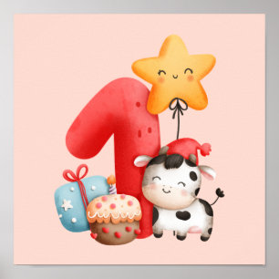Niedlich Happy Cow 1. Geburtstag Poster