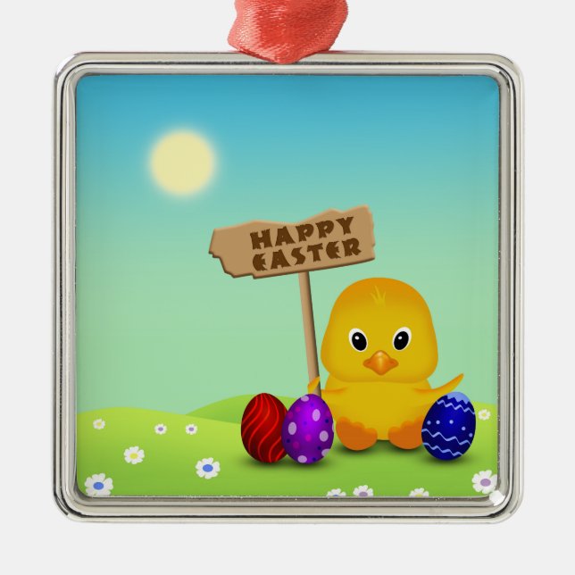 Niedlich Happy Easter Baby Chick Silbernes Ornament (Vorne)