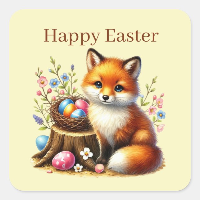 Niedlich Happy Easter Fux Quadratischer Aufkleber (Vorderseite)