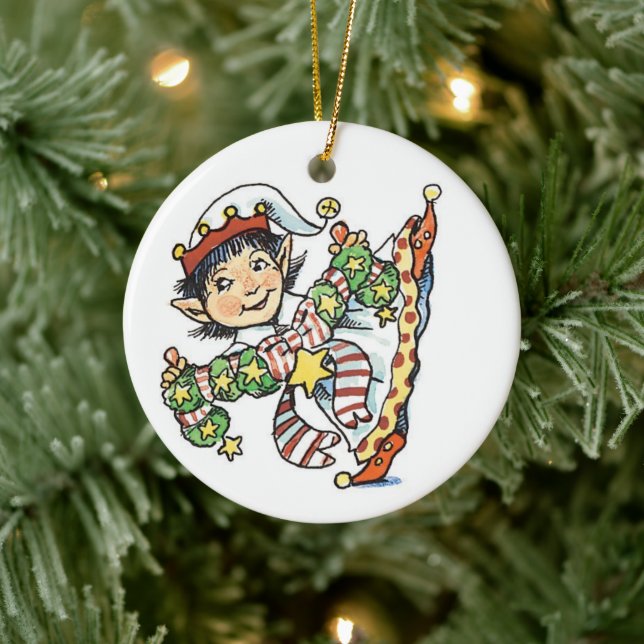 Niedlich Happy Elf Dancing, Retro Weihnachten Cart Keramik Ornament (Baum)
