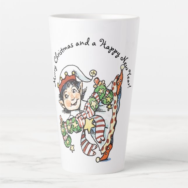 Niedlich Happy Elf Dancing, Retro Weihnachten Cart Milchtasse (Vorderseite)