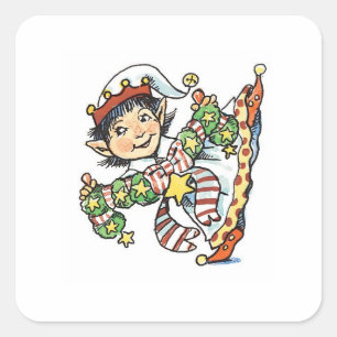 Niedlich Happy Elf Dancing, Retro Weihnachten Cart Quadratischer Aufkleber