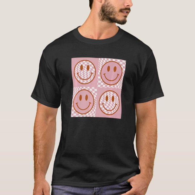 Niedlich Happy Face Checkered Pattern Pink Smile F T-Shirt (Vorderseite)