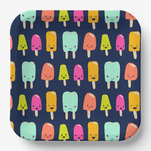 Niedlich Happy Fruit Popsicle Kawaii Faces Pappteller (Vorderseite)